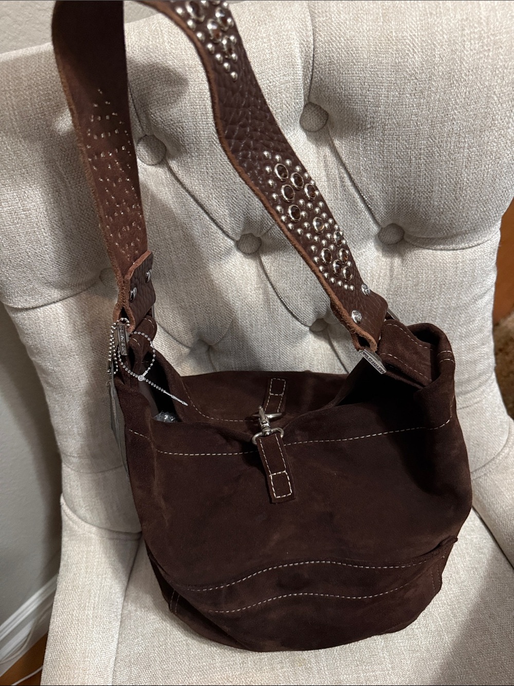 Tylie Malibu Dark Brown Suede Shoulder Bag with Leather Studded Strap - Picture 14 of 14
